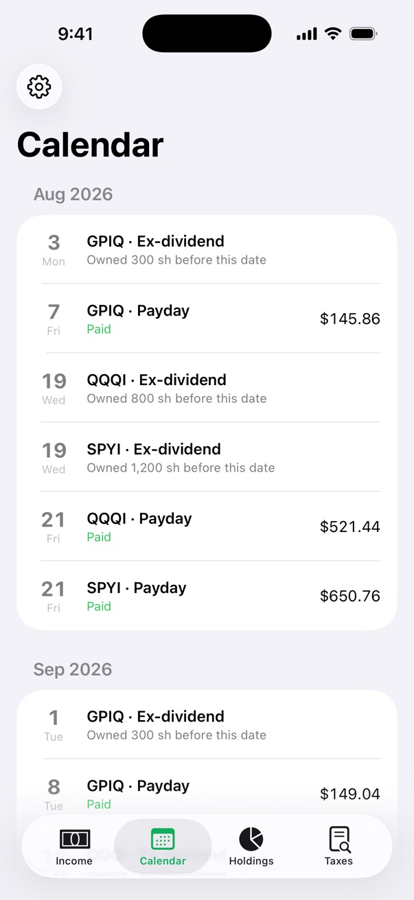 Calendar screen: ex-dates and paydays for the month